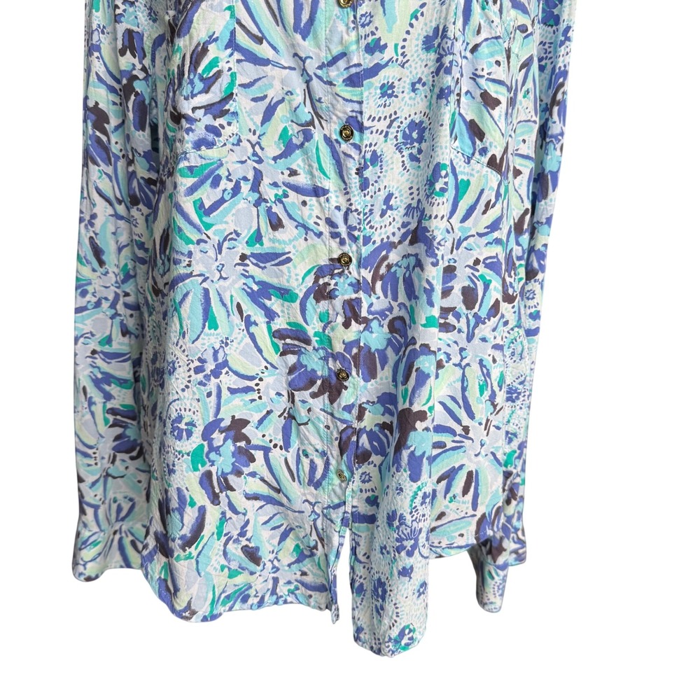 Lilly Pulitzer Floral Button Down Sz L Blue Green Resort Wear Vacation Coastal - Picture 7 of 16